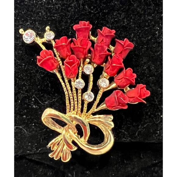 NWOT Red 3D Roses Gold Stem Bouquet Brooch Pin - Picture 1 of 6